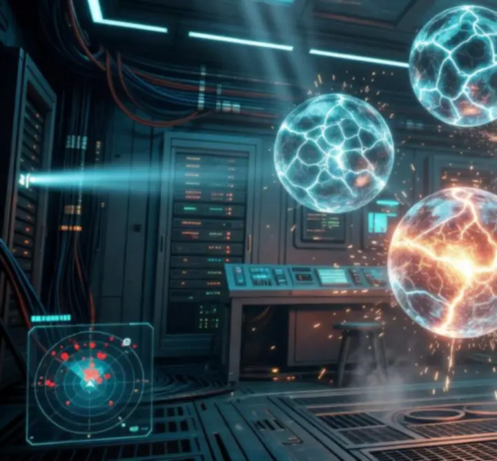 Actiescène uit het PLAYLOGICLAB-spel met tactische interface en futuristische spelwereld.